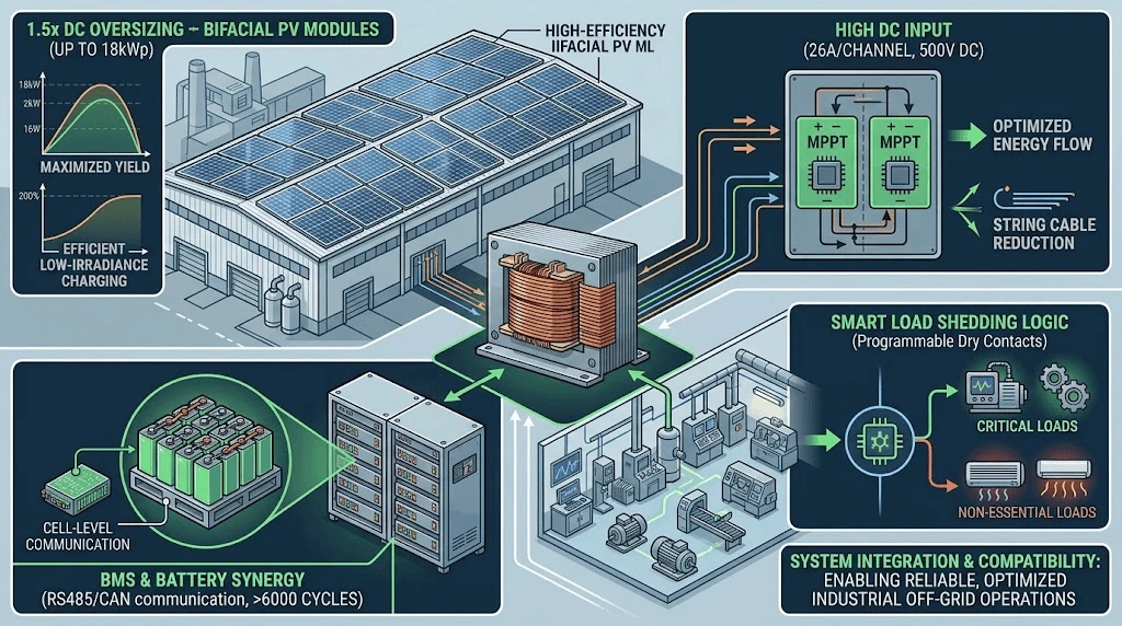 System integration layout of 12KW off-grid inverter showing DC oversizing, battery BMS communication, and load shedding logic System integration layout of 12KW off-grid inverter showing DC oversizing, battery BMS communication, and load shedding logic