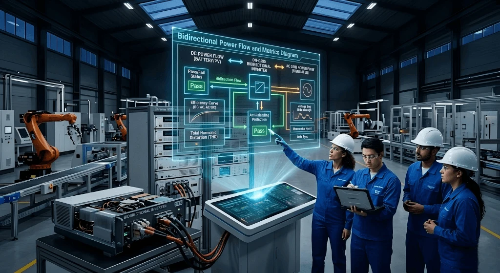 Industrial-scale aging test floor for bidirectional on-grid inverters at Xiamen Hemao Industry Industrial-scale aging test floor for bidirectional on-grid inverters at Xiamen Hemao Industry